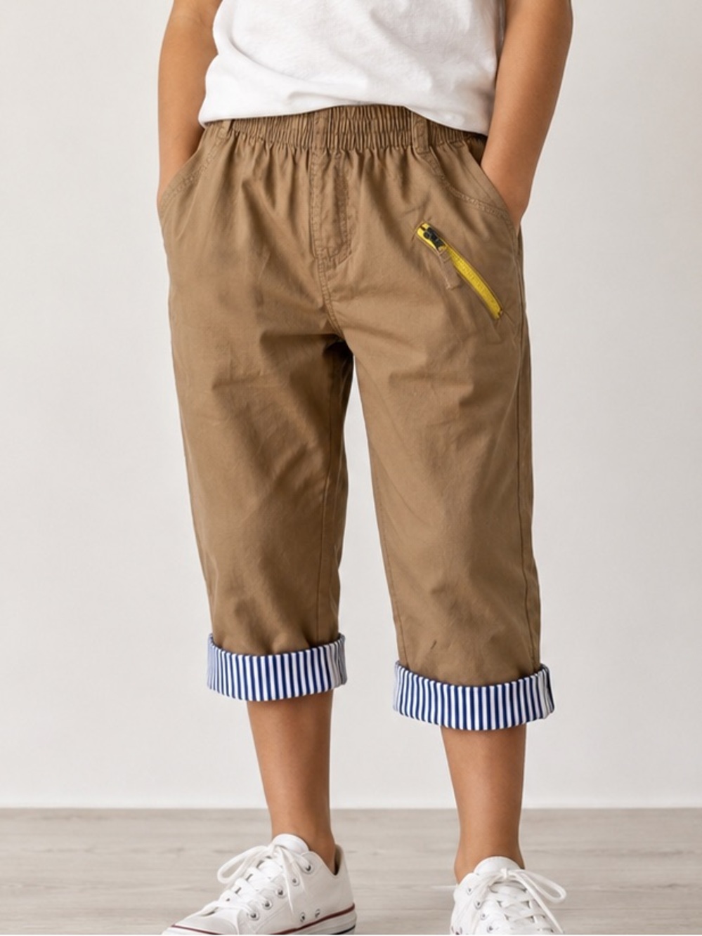 Boys Tan Cargo Jogger Pants Striped Cuff Y2K Pull On Size 10 Utility Patch